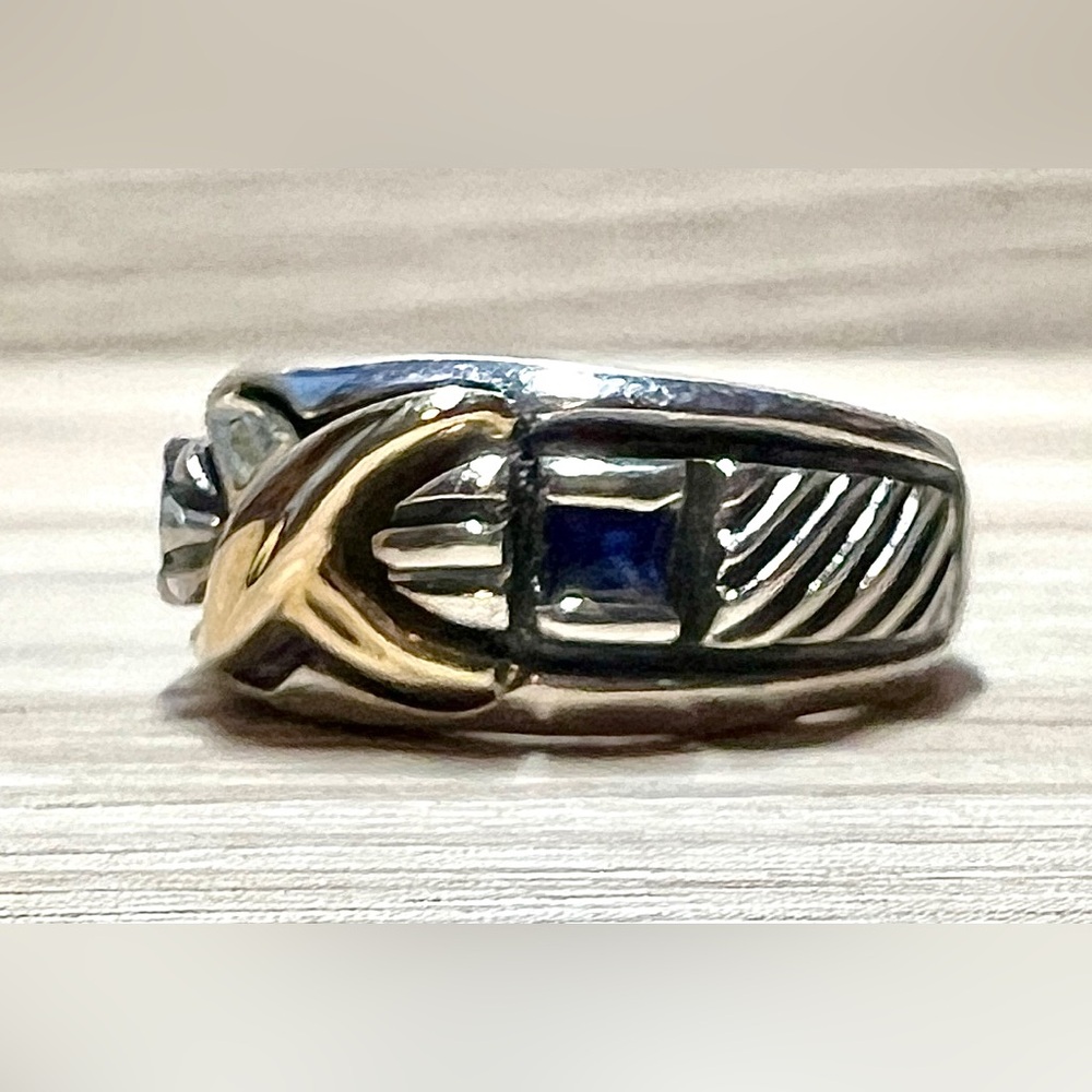 Designer Signed AZ Sterling Silver & 18k Yellow Gold Sapphire Ring, Size 6.5 - Picture 4 of 12